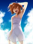  ^_^ ^o^ ahoge alternate_costume arm_behind_head arm_up armpits bare_arms bare_shoulders blue_sky closed_eyes cloud commentary_request day dress facing_viewer fate/grand_order fate_(series) fujimaru_ritsuka_(female) open_mouth orange_hair outdoors short_hair side_ponytail sky solo tamagoyaki_(tamagomaigo) twitter_username white_dress 