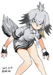  2017 bare_legs bird_tail black_gloves blonde_hair bodystocking dated eyebrows_visible_through_hair gloves head_wings kemono_friends long_hair looking_at_viewer low_ponytail multicolored_hair necktie no_legwear saijou_k shoebill_(kemono_friends) short_sleeves shorts side_ponytail solo yellow_eyes 