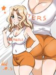  ass bare_shoulders blonde_hair blue_eyes blush breasts cleavage clothes_writing covered_navel employee_uniform girls_und_panzer grin hand_on_hip hooters kay_(girls_und_panzer) large_breasts long_hair looking_at_viewer no_legwear one_eye_closed orange_shorts pantylines shorts sketch smile solo tank_top uniform wavy_hair yusukesan 