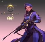  absurdres alternate_costume ana_(overwatch) beret captain_amari dark_skin eyepatch facial_mark facial_tattoo gun hat highres long_hair overwatch overwatch_(logo) rifle solo sung_uk_kim tattoo weapon younger 