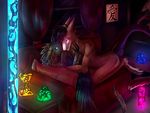  2017 4_ears anthro avali avian bed claws cute feathered_wings feathers fur fyr hug lava-lamp lying male multi_ear niron on_back redsnakelevy sergal smile starbound video_games wings 