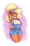  2017 anthro areola armpits bandicoot big_breasts blonde_hair breasts clothed clothing coco_bandicoot crash_bandicoot_(series) digital_media_(artwork) eyes_closed female flower fur hair mammal marsupial overalls plant secretly_saucy simple_background smile solo stretching video_games 