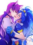  animal_ears blue_eyes blue_gloves blue_hair blush cat_ears choker commentary cure_gelato cure_macaron earrings elbow_gloves extra_ears eye_contact fang gloves hug jewelry kirakira_precure_a_la_mode kotozume_yukari lion_ears lion_tail long_hair looking_at_another magical_girl multiple_girls negom open_mouth precure purple_choker purple_eyes purple_hair simple_background symbol_commentary tail tategami_aoi white_background white_gloves yuri 