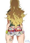  ass back belt blonde_hair body_writing clothes_writing condom condom_belt condom_ornament facing_away highres hoshii_miki idolmaster idolmaster_(classic) long_hair md5_mismatch panties red_panties short_shorts shorts simple_background solo suna tally thong translation_request underwear used_condom whale_tail white_background 