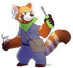  clothed clothing fluffy fluffy_tail fully_clothed holding_object looking_away maim male mammal neckerchief overalls red_panda satchel screwdriver signature smile solo spring standing tools 