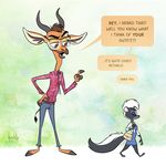  2017 anthro artbirchly_(artist) clothed clothing courtney-brushmarke dialogue disney duo english_text eyes_closed eyewear female gerenuk glasses male mammal skunk speech_bubble text zootopia 