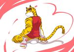  anthro blush bottomless butt clothed clothing colored feline looking_at_viewer male mammal morenatsu muscular rear_view rotton99 simple_background solo tiger torahiko_(morenatsu) 