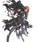  armor armored_boots axe boots brown_eyes cape earrings fire_emblem fire_emblem:_monshou_no_nazo fire_emblem_heroes full_body gloves highres izuka_daisuke jewelry long_hair male_focus misheil_(fire_emblem) official_art red_hair solo teeth torn_clothes transparent_background weapon 