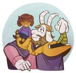  asgore_dreemurr asriel_dreemurr beard blush boss_monster caprine child facial_hair father fur goat group horn human long_ears mammal parent protagonist_(undertale) simple_background snufkin the_moomins undertale video_games white_fur young 