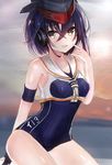  asymmetrical_hair bare_shoulders black_hair brown_eyes framed_breasts gloves hair_between_eyes headphones highres i-13_(kantai_collection) kantai_collection looking_at_viewer open_mouth partly_fingerless_gloves ria_(riarea00) sailor_collar school_swimsuit short_hair single_glove solo swimsuit 