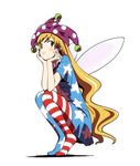  american_flag_dress american_flag_legwear blonde_hair c: chin_rest clownpiece dress duntv fairy_wings full_body hat jester_cap long_hair looking_at_viewer neck_ruff pantyhose polka_dot red_eyes short_dress short_sleeves simple_background smile solo squatting star star_print striped striped_legwear tiptoes touhou very_long_hair white_background wings 