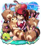  bobblehat breasts brown_hair cherry_blossoms cleavage closed_eyes female_protagonist_(pokemon_go) furret gen_2_pokemon hat heart medium_breasts natu petals pokemoa pokemon pokemon_(creature) pokemon_(game) pokemon_go pokestop sentret smile solo 