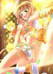  ass blurry brown_eyes brown_hair crop_top depth_of_field hair_ornament hairclip idolmaster idolmaster_cinderella_girls idolmaster_cinderella_girls_starlight_stage kitami_yuzu looking_at_viewer looking_back midriff open_mouth ram_hachimin short_hair short_shorts shorts smile solo suspenders visor_cap 