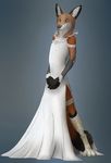  amputee anthro biped canine clothed clothing crossdressing digital_media_(artwork) dress felicity_brush fox front_view full-length_portrait fur grey_background hi_res male mammal maskedhusky portrait prosthetic simple_background wedding 