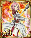 breastplate card_(medium) gloves hair_ornament hairclip holding holding_weapon leg_up lisbeth lisbeth_(sao-alo) looking_at_viewer number official_art pink_eyes pink_hair pointy_ears shield short_hair smile solo star sword_art_online sword_art_online:_code_register weapon white_gloves 