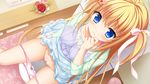  1girl blonde_hair blue_eyes blue_skirt blush bow bow_panties bra clitoris closed_mouth decensored dutch_angle flower frilled_skirt frills game_cg green_jacket hair_ornament hair_ribbon hanasaki_work_spring heart_hair_ornament indoors jacket kotobuki_hikari long_hair moribe_(rabumanyo) panties panty_pull peeing pink_panties pink_ribbon purple_bra pussy ribbon see-through sheer_clothes skirt solo toilet toilet_use underwear very_long_hair wooden_floor 