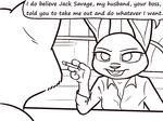  2017 anthro black_and_white buckteeth canine cigarette clothed clothing crossover dialogue disney duo english_text female fox judy_hopps lagomorph male mammal monochrome nick_wilde parody pulp_fiction rabbit teeth text tggeko zootopia 