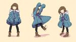  androgynous ankle_boots arms_up bangs beige_background black_legwear blue_jacket blue_shorts blunt_bangs blush bob_cut boots borrowed_garments brown_footwear brown_hair closed_eyes dancing drawstring frisk_(undertale) full_body grin hands_in_pockets happy hood hood_down hooded_jacket jacket leg_up legs_apart long_sleeves multiple_views open_clothes open_jacket oversized_clothes pantyhose pantyhose_under_shorts pigeon-toed pocket shintani_(niiya) shirt shoe_soles shorts simple_background sleeves_past_wrists smile striped striped_shirt undertale 