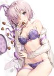  anmi box bra breasts chocolate chocolate_heart fate/grand_order fate_(series) gift gift_box hair_over_one_eye heart highres looking_at_viewer lying mash_kyrielight medium_breasts navel on_side panties plaid plaid_bra plaid_panties purple_bra purple_eyes purple_hair purple_panties shirt simple_background smile solo underwear valentine white_background white_shirt 