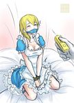  alice_(wonderland)_(cosplay) alice_in_wonderland apron badxend bdsm blonde_hair bondage bound breasts cleavage controller cosplay dress eyes_closed gag gagged impossible_clothes impossible_clothing kingdom_hearts kingdom_hearts_ii kneeling namine nipples remote remote_control tied tied_up tight tight_clothes trembling 