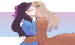  2girls blue_dress blush bow brown_hair closed_eyes dress flower glass_no_kamen hair_bow hair_flower hair_ornament hairband hand_up heart highres himekawa_ayumi hug kiss kitajima_maya laura_(wisteriamemory_) light_brown_hair long_hair long_sleeves mixed-language_commentary multiple_girls orange_dress orange_hairband pink_bow puffy_long_sleeves puffy_sleeves yuri 