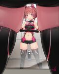  1girl alice_gear_aegis bare_shoulders black_thighhighs breasts brown_hair crop_top doyouwantto gloves headgear himukai_rin micro_shorts mirror multiple_views navel purple_eyes reflection short_hair shorts skindentation small_breasts smile thighhighs thighs 
