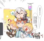 2134twone 3girls 4boys =_= aether_(genshin_impact) arlecchino_(genshin_impact) arm_on_another&#039;s_head arrow_(symbol) banana_peel bandaged_head bandages black_hair blonde_hair blue_eyes brother_and_sister chibi controller flying_sweatdrops freminet_(genshin_impact) game_controller genshin_impact green_shell_(mario) grey_hair hat intravenous_drip iv_stand leaning_on_person leaning_to_the_side lumine_(genshin_impact) lynette_(genshin_impact) lyney_(genshin_impact) multicolored_hair multiple_boys multiple_girls o_o orange_hair pajamas siblings sitting small_sweatdrop speech_bubble striped_clothes tartaglia_(genshin_impact) top_hat translation_request two-tone_hair vertical-striped_clothes 