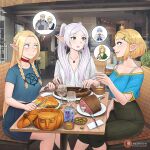 3girls absurdres black_pants blonde_hair blue_eyes blue_shirt blue_skirt boned_meat braid casual choker contemporary cropped_shirt crossover crown_braid cup dangle_earrings dismaiden drinking_glass dungeon_meshi earrings elf falin_touden food fork frieren green_eyes grey_hair hamburger_steak high-waist_pants highres himmel_(sousou_no_frieren) holding holding_fork holding_knife image_in_thought_bubble jar jewelry knife laios_touden light_blush link long_hair marcille_donato meat multiple_crossover multiple_girls necklace open_mouth pants pentagram photo_background plate pointy_ears princess_zelda pumpkin red_choker restaurant shirt short_hair sitting skirt sousou_no_frieren species_connection speech_bubble spoken_character the_legend_of_zelda the_legend_of_zelda:_tears_of_the_kingdom thick_eyebrows thought_bubble trait_connection twin_braids twintails white_shirt 
