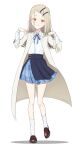  1girl absurdres blue_overskirt blue_ribbon blue_skirt blush brown_footwear colored_eyelashes full_body gakuen_idolmaster gradient_hair grey_hair hatsuboshi_gakuen_school_uniform highres idolmaster light_brown_hair loafers long_hair long_sleeves looking_at_viewer multicolored_hair neck_ribbon orange_eyes pleated_skirt ribbon robe sakurayuzuame school_uniform shinosawa_hiro shirt shoes simple_background skirt smile socks solo white_background white_robe white_shirt white_socks 