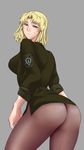  akabi_(alaburu) ass balalaika_(black_lagoon) black_lagoon blonde_hair blue_eyes breasts highres large_breasts looking_back military mole mole_under_eye no_panties pantyhose short_hair simple_background sweat thighs 