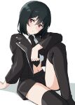  1girl black_jacket black_necktie black_skirt black_thighhighs blush closed_mouth collared_shirt commentary_request cropped_shirt green_hair hair_between_eyes head_tilt highres jacket leg_up long_sleeves looking_at_viewer love_live! love_live!_nijigasaki_high_school_idol_club midriff mifune_shioriko navel necktie open_clothes open_jacket poizun_(user_wmgk4287) red_eyes shirt short_hair sitting skirt solo thighhighs upper_body white_background white_shirt 