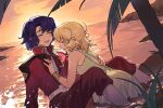  1boy 1girl :d ^_^ amulet athrun_zala between_legs blonde_hair blue_hair bracelet cagalli_yula_athha closed_eyes couple dress green_dress gundam gundam_seed gundam_seed_destiny hand_on_another&#039;s_back hand_on_another&#039;s_chest happy hetero highres hongxiaoyuji jewelry military military_uniform ocean orange_sky palm_tree partially_submerged pendant red_uniform ring short_hair sitting sky sleeveless smile tearing_up tree uniform water wet wet_clothes zaft_uniform 
