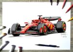  1boy amazon_(company) anthony-c art_tools_in_frame artist_name car charles_leclerc colored_pencil colored_pencil_(medium) english_commentary ferrari ferrari_sf-24 formula_one formula_racer helmet highres marker marker_(medium) mechanical_pencil motor_vehicle pencil photo_(medium) puma_(brand) race_vehicle racecar real_life red_car red_helmet shadow shell_(company) spoiler_(automobile) traditional_media vehicle_focus white_background 