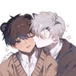  2boys aged_down animal_ears biting black_coat brown_eyes brown_hair brown_sweater cat_boy cat_ears cheek_biting child coat collared_shirt grey_eyes highres ilay_riegrow jeong_taeui male_focus multiple_boys passion_(manhwa) portrait shirt simple_background sweater white_background white_hair white_shirt whiteislife_4 yaoi 