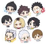  6+boys anger_vein black_hair blonde_hair blue_eyes brown_eyes brown_hair character_request chibi chibi_only collared_shirt goshiki_tsutomu grey_hair haikyuu!! hoshiumi_kourai iwaizumi_hajime kageyama_tobio kozume_kenma lotion lotion_bottle male_focus multicolored_hair multiple_boys nana_gi_0 oikawa_tooru_(haikyuu!!) orange_eyes sakusa_kiyoomi shirt short_hair simple_background sportswear streaked_hair tongue tongue_out two-tone_hair two-tone_shirt volleyball_uniform white_background 