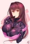  armor bodysuit breasts check_commentary chocolate chocolate_heart chocolate_on_breasts commentary commentary_request deep_skin fate/grand_order fate_(series) hair_between_eyes hands_on_own_chest heart large_breasts lips long_hair looking_at_viewer okitakung parted_lips pauldrons purple_bodysuit purple_hair red_eyes scathach_(fate)_(all) scathach_(fate/grand_order) shoulder_armor solo suggestive_fluid upper_body 