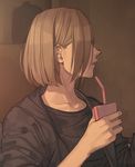  aconitea black_jacket blush bob_cut brown brown_hair collarbone drinking_straw hair_behind_ear hood hood_down hooded_jacket indoors jacket juice_box long_sleeves looking_away male_focus nose_blush open_clothes open_jacket parted_lips profile solo upper_body yuri!!!_on_ice yuri_plisetsky 