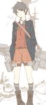  belt black_hair boots breath coat full_body fur_trim grey_eyes hands_in_pockets head_tilt kantai_collection limited_palette mogami_(kantai_collection) ninimo_nimo open_clothes open_coat rigging short_hair shorts simple_background solo white_background 