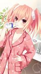  2017 alyn_(fairy_fencer_f) blush bottle breasts cleavage drinking eyebrows_visible_through_hair fairy_fencer_f hand_on_hip highres looking_at_viewer milk official_art pajamas panties pink_eyes pink_hair pipin_(fairy_fencer_f) short_hair small_breasts solo tsunako twintails underwear white_panties 