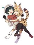  @_@ animal_ears backpack bag bare_shoulders black_gloves black_hair blue_eyes blush boots bow bowtie breasts collarbone d: elbow_gloves eyelashes fang feathers full_body glomp gloves hair_between_eyes hat hat_feather helmet highres hug kaban_(kemono_friends) kemono_friends loafers looking_at_another looking_away medium_breasts multiple_girls open_mouth orange_eyes orange_hair pantyhose pith_helmet red_shirt ribbon ribbon-trimmed_clothes ribbon-trimmed_skirt ribbon_trim scared serval_(kemono_friends) serval_ears serval_print serval_tail shirt shoe_soles shoes short_hair short_sleeves shorts simple_background skirt sleeveless sleeveless_shirt socks sunao_(souis) sweat tail tareme teeth thighhighs tongue tongue_out turn_pale white_background white_footwear white_shirt 