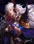  antlers bangs black_sclera breastplate cdash817 clenched_teeth fingernails glint glowing highres ibaraki_(onmyoji) japanese_clothes knot light_particles long_hair long_sleeves male_focus onmyoji pauldrons red_skin rope sash sharp_fingernails signature solo spikes tassel teeth upper_body very_long_hair white_hair wide_sleeves yellow_eyes 