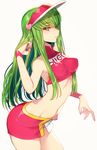  arched_back armpits bangs bare_shoulders breasts c.c. code_geass cosplay creayus crop_top eyebrows_visible_through_hair from_side future_gpx_cyber_formula green_hair hand_in_hair heart high_collar large_breasts long_hair looking_at_viewer miniskirt nail_polish navel red_shirt red_skirt shirt skirt smile solo sugou_asuka sugou_asuka_(cosplay) visor_cap white_background wristband yellow_eyes 