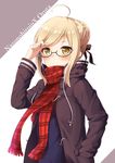  absurdres adjusting_hair ahoge artoria_pendragon_(all) bangs black-framed_eyewear black_ribbon blonde_hair blush braid character_name closed_mouth coat commentary_request duffel_coat eyebrows_visible_through_hair fate/grand_order fate_(series) french_braid fringe_trim glasses grey_background hair_bun hair_ribbon hand_in_pocket hand_up highres mysterious_heroine_x_(alter) open_clothes open_coat plaid plaid_scarf red_scarf ribbon scarf semi-rimless_eyewear sidelocks solo swept_bangs two-tone_background under-rim_eyewear upper_body white_background yellow_eyes yukarite 