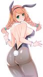 amakusa_itsuki animal_ears ass back back-seamed_legwear braid breasts bunny_ears bunny_girl bunny_tail bunnysuit detached_collar dorothy_(amakusa_itsuki) fake_animal_ears from_behind huge_breasts leg_up long_hair looking_at_viewer looking_back orange_hair original pantyhose seamed_legwear sideboob simple_background smile solo tail twin_braids twintails white_background wrist_cuffs 