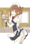  :o absurdres alternate_costume apron ass backless_dress backless_outfit bangs brown_eyes brown_hair butt_crack cafe cake cherry commentary_request cowboy_shot dress enmaided folded_ponytail food frilled_apron frills from_side fruit hair_between_eyes hair_ornament hairclip hasegawa_(rarairairai) highres holding holding_tray ice_cream inazuma_(kantai_collection) indoors kantai_collection looking_at_viewer looking_back lowleg lowleg_panties maid maid_headdress open_mouth panties parfait sidelocks skirt skirt_lift solo sundae thighhighs tray underwear upskirt waist_apron white_legwear white_panties window 