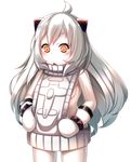  ahoge aircraft airplane alternate_costume breasts clothes_pull commentary_request fuuki_(te_fuukin) horns kantai_collection long_hair meme_attire mittens northern_ocean_hime orange_eyes shinkaisei-kan sideboob simple_background small_breasts solo sweater sweater_pull triangle_mouth virgin_killer_sweater white_background white_hair white_skin 