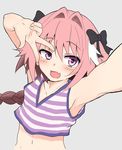  astolfo_(fate) bow braid crop_top fang fate/apocrypha fate_(series) hair_bow highres hirame_guard long_hair male_focus open_mouth otoko_no_ko pink_hair purple_eyes reaching_out self_shot single_braid smile solo uneven_eyes v v_over_eye 