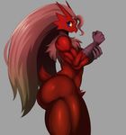  2017 anthro anthrofied big_butt blaziken blue_eyes breasts brown_hair butt feathers female fist hair long_hair looking_at_viewer nintendo nude pok&eacute;mon pok&eacute;morph red_feathers side_boob solo sssonic2 video_games yellow_sclera 