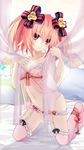  2017 alyn_(fairy_fencer_f) babydoll bare_shoulders blush breasts cleavage eyebrows_visible_through_hair fairy_fencer_f garter_straps hair_ornament hair_ribbon highres looking_at_viewer navel official_art pink_eyes pink_hair pink_legwear ribbon short_hair small_breasts solo thighhighs tsunako twintails underwear underwear_only 