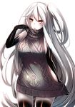  aircraft_carrier_oni alternate_costume anchor_symbol clothes_pull fuuki_(te_fuukin) highres kantai_collection long_hair looking_at_viewer meme_attire one_side_up orange_eyes simple_background solo sweater sweater_pull triangle_mouth virgin_killer_sweater white_background white_hair white_skin 